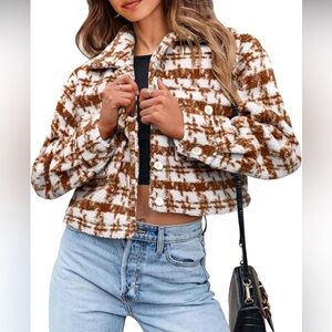 PrettyGarden Brown Plaid Teddy Shacket Jacket Cropped Button Front Cozy Size XL